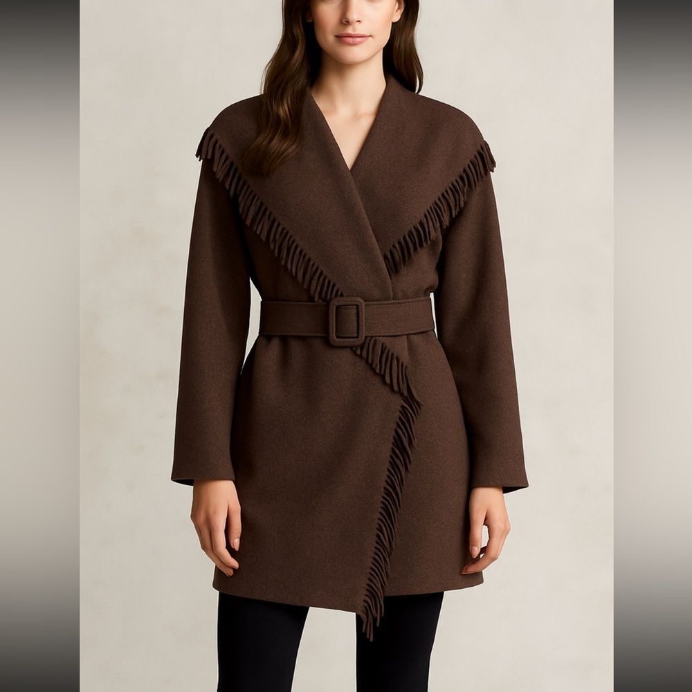 Wool Blend Brown Fringe Belted Wrap Coat Western Chic Boho Luxe Cozy Layering